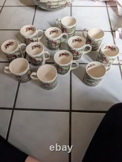 12 Piece Mug Set W Bowl, Tally Ho By Johnson Bros, Hand Engraving small chips