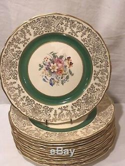 12 Victorian Johnson Bros Green Gold Filigree Etch Scalloped Dinner Plates