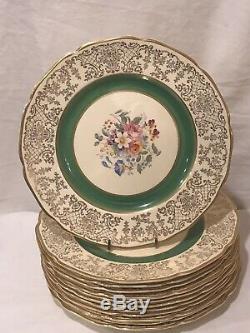 12 Victorian Johnson Bros Green Gold Filigree Etch Scalloped Dinner Plates