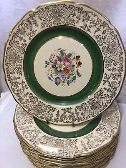 12 Victorian Johnson Bros Green Gold Filigree Etch Scalloped Dinner Plates