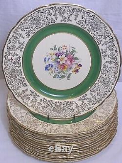 12 Victorian Johnson Bros Green Gold Filigree Etch Scalloped Dinner Plates