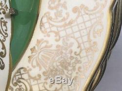 12 Victorian Johnson Bros Green Gold Filigree Etch Scalloped Dinner Plates