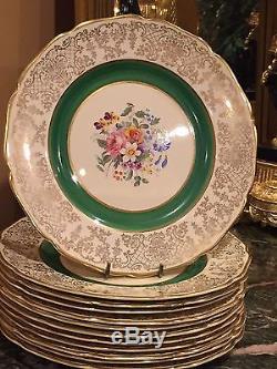 12 Vintage Victorian Johnson Brothers Green Gold Etch Dinner Plates