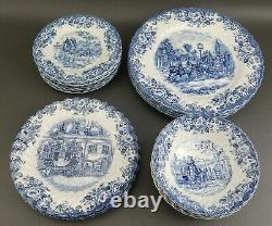 20pc Set Johnson Bros Coaching Scenes Blue Dinner Salad Bread Plates & Bowls