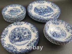 20pc Set Johnson Bros Coaching Scenes Blue Dinner Salad Bread Plates & Bowls