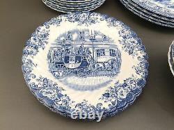 20pc Set Johnson Bros Coaching Scenes Blue Dinner Salad Bread Plates & Bowls