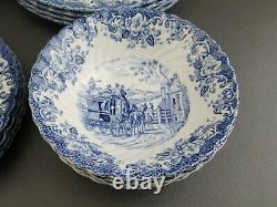 20pc Set Johnson Bros Coaching Scenes Blue Dinner Salad Bread Plates & Bowls