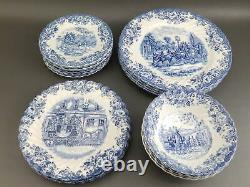 20pc Set Johnson Bros Coaching Scenes Blue Dinner Salad Bread Plates & Bowls