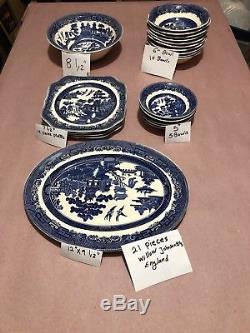 21 Pieces Willow Johnson Bros England Hand Engraving Mixed Plates, Bowls Platter