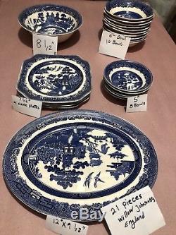 21 Pieces Willow Johnson Bros England Hand Engraving Mixed Plates, Bowls Platter