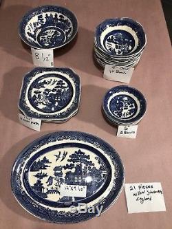 21 Pieces Willow Johnson Bros England Hand Engraving Mixed Plates, Bowls Platter