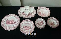 22pc Vintage Johnson Bros Brothers England Plates Set Earthenware Castles Pink