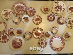 24 Pieces Service For 4 Vintage Mismatched China pink Red White Transferware