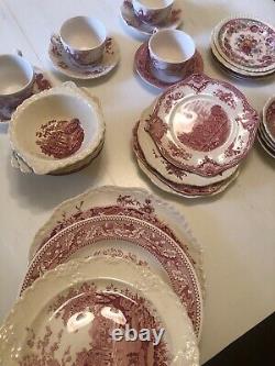 24 Pieces Service For 4 Vintage Mismatched China pink Red White Transferware