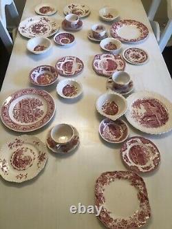 24 Pieces Service For 4 Vintage Mismatched China pink Red White Transferware