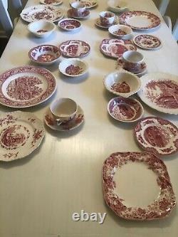 24 Pieces Service For 4 Vintage Mismatched China pink Red White Transferware