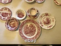 24 Pieces Service For 4 Vintage Mismatched China pink Red White Transferware