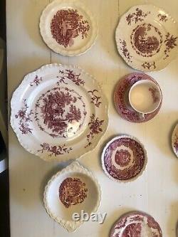 24 Pieces Service For 4 Vintage Mismatched China pink Red White Transferware