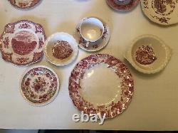 24 Pieces Service For 4 Vintage Mismatched China pink Red White Transferware