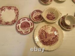 24 Pieces Service For 4 Vintage Mismatched China pink Red White Transferware