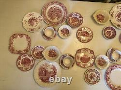 24 Pieces Service For 4 Vintage Mismatched China pink Red White Transferware