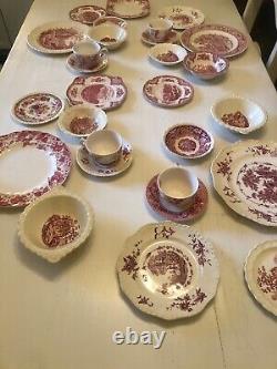 24 Pieces Service For 4 Vintage Mismatched China pink Red White Transferware