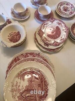 24 Pieces Service For 4 Vintage Mismatched China pink Red White Transferware