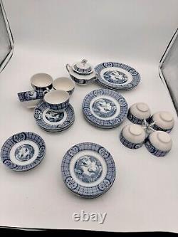 37 Pcs Set Antique Plates Bowls Cups Johnson Bros MONGOLIA GRAY Blue FLOW Rare