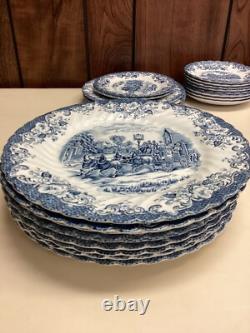 45 Pc Johnson Brothers Ltd Vintage Dish Set Coaching Scenes Blue and White