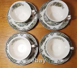 4 Johnson Bros 5.5 Saucers & 4 Cups with Handles Friendly Village, Ice House
