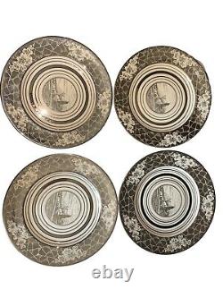 4 Mirrored Johnson Bros England Pareek Silver Platinum Luster Dinner Plates