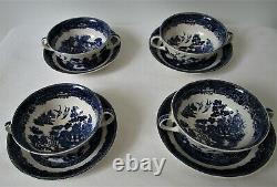 4 x Johnson Brothers England Willow Double Handled Cream Soup Bowl & Saucer Sets