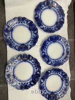 5 -Antique Johnson Brothers Flow Blue 9 plates Florida Pattern, Semi-Porcelain