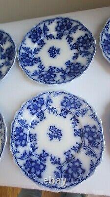 6 Antique Johnson Brothers Flow Blue 8 3/4 Plates Claremont Htf Embossed