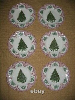 6 Johnson Brothers Old Britain Castles Pink Christmas Tree 8 3/4 Plate England