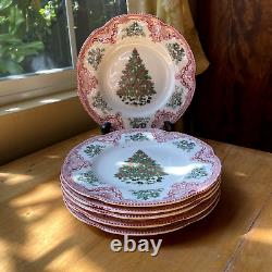 6 Johnson Brothers Old Britain Castles Pink Green Christmas Tree Salad Plates