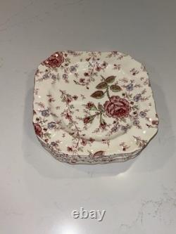 8 Johnson Bros England Pink Rose Chintz Square Salad Plates Off-Set Saucer 7.75