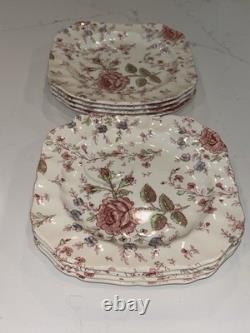 8 Johnson Bros England Pink Rose Chintz Square Salad Plates Off-Set Saucer 7.75