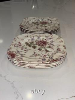 8 Johnson Bros England Pink Rose Chintz Square Salad Plates Off-Set Saucer 7.75