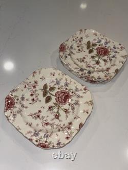 8 Johnson Bros England Pink Rose Chintz Square Salad Plates Off-Set Saucer 7.75