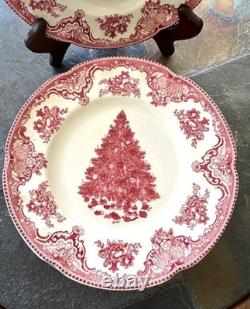 8 Johnson Bros Old Britain Castles Pink Christmas Tree Salad Plates, 7 7/8- EUC