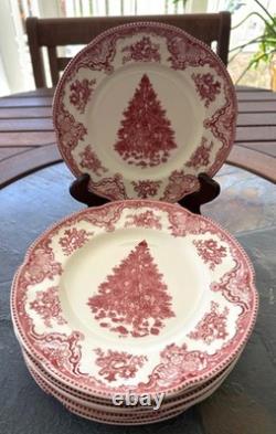 8 Johnson Bros Old Britain Castles Pink Christmas Tree Salad Plates, 7 7/8- EUC