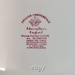 9 Johnson Bros English Chippendale Red Dinner 10 Plate Tranferware s-1I