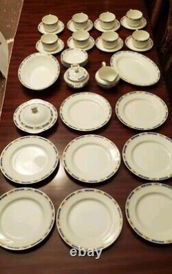 ANTIQUE Johnson Brothers JB28 China Service for 8 Blue Border Pink Rose (39 PCS)