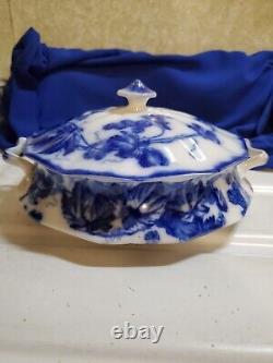 Antique Flow Blue Cir 1900 Johnson Bros Eng Kenworth Ptrn Covered Dish