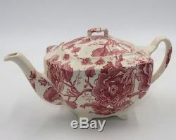 Antique Johnson Bros English Chippendale Floral Red White Lidded Teapot