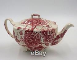 Antique Johnson Bros English Chippendale Floral Red White Lidded Teapot