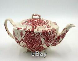 Antique Johnson Bros English Chippendale Floral Red White Lidded Teapot