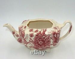 Antique Johnson Bros English Chippendale Floral Red White Lidded Teapot