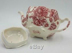 Antique Johnson Bros English Chippendale Floral Red White Lidded Teapot